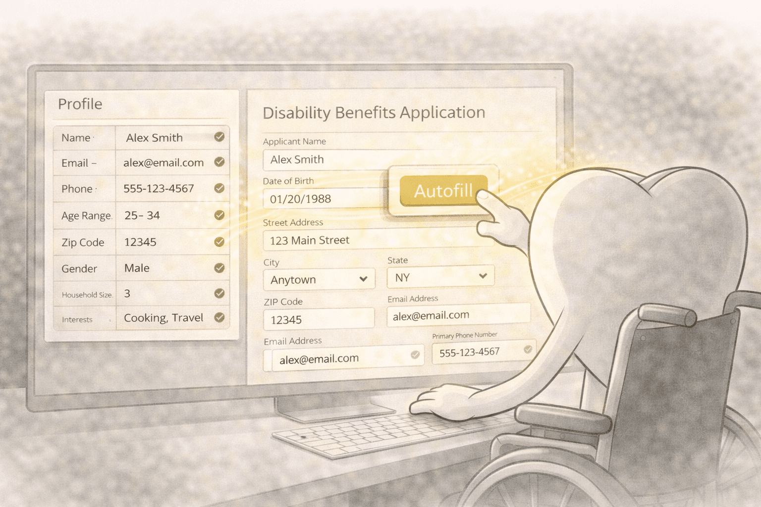 Formulove profile screen showing saved personal details being used to autofill a disability benefits form with a single click