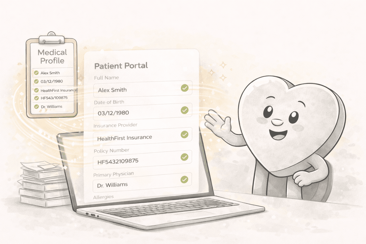 Formulove AI autofilling a patient intake form showing medical profile data being transferred to a patient portal form