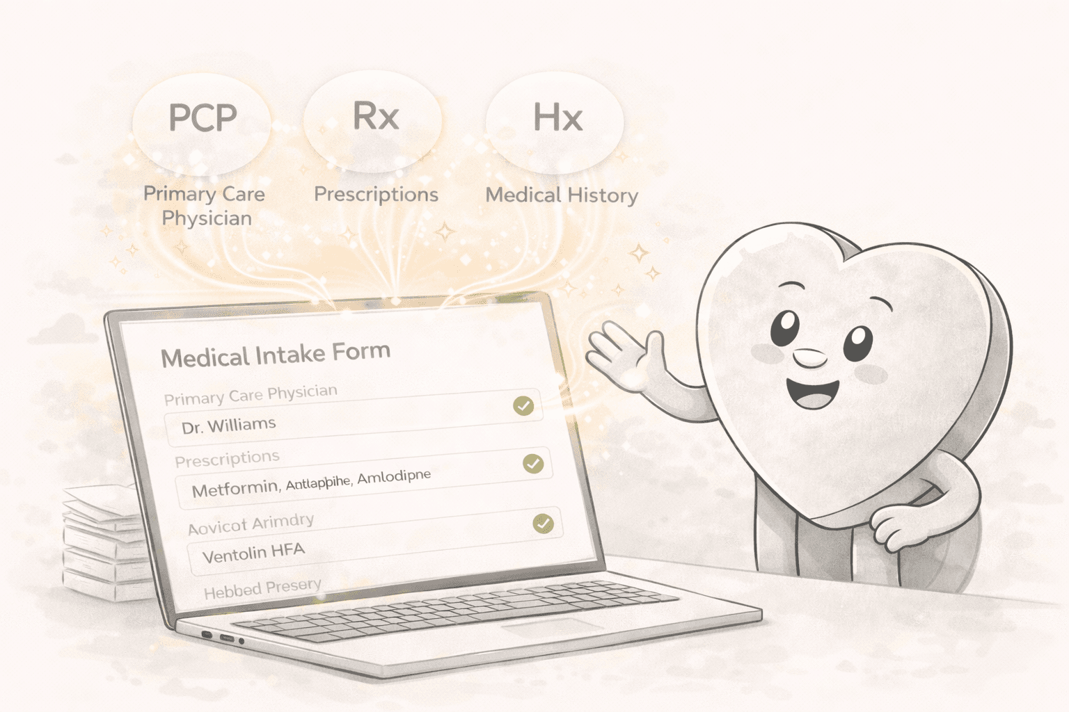 Smart field matching showing Formulove understanding medical terminology like PCP, Rx, and Hx