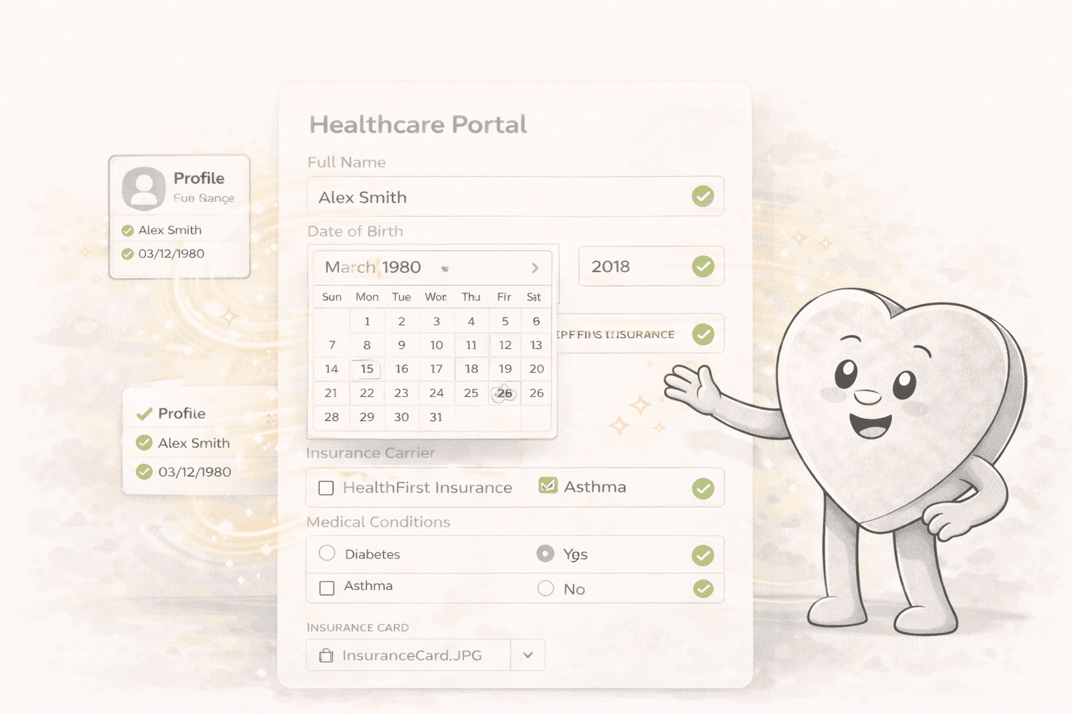 Formulove filling different field types including text inputs, date pickers, dropdowns, checkboxes, and radio buttons