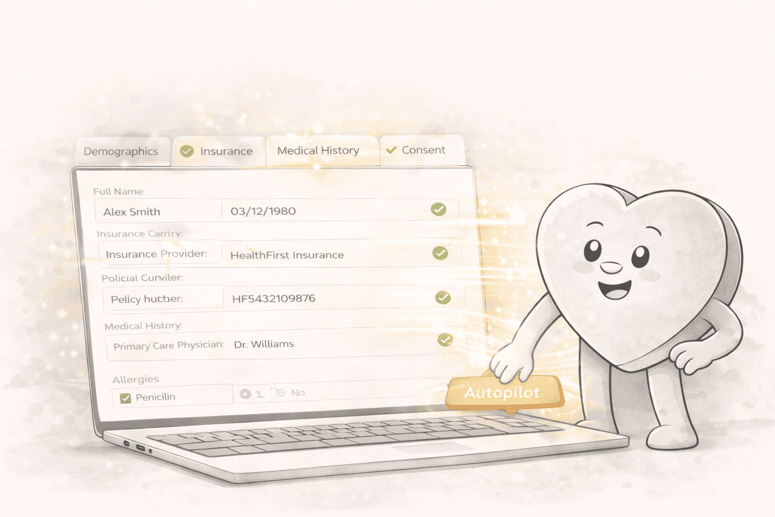 Multi-page forms showing Formulove Autopilot navigating through demographics, insurance, medical history, and consent sections