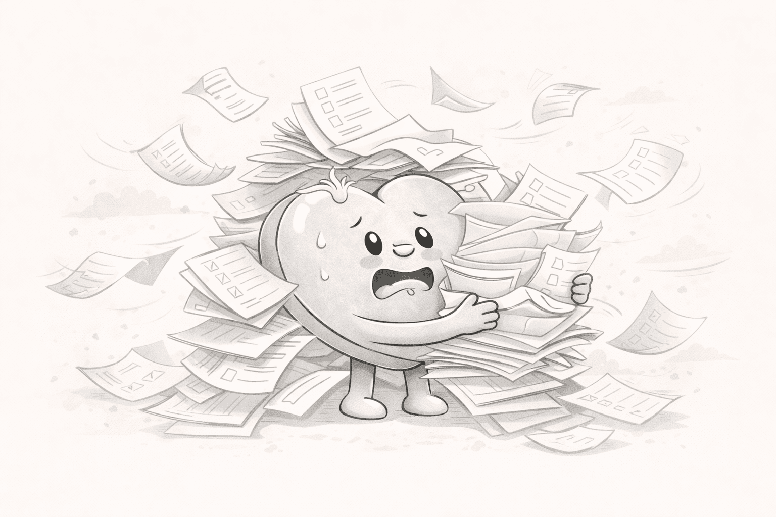 Stacks of insurance paperwork overwhelming a character