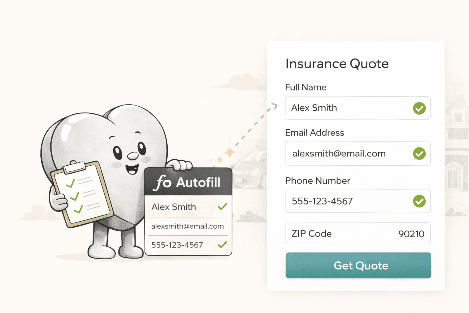 Formulove AI autofilling an insurance quote form with name, email, phone number, and ZIP code