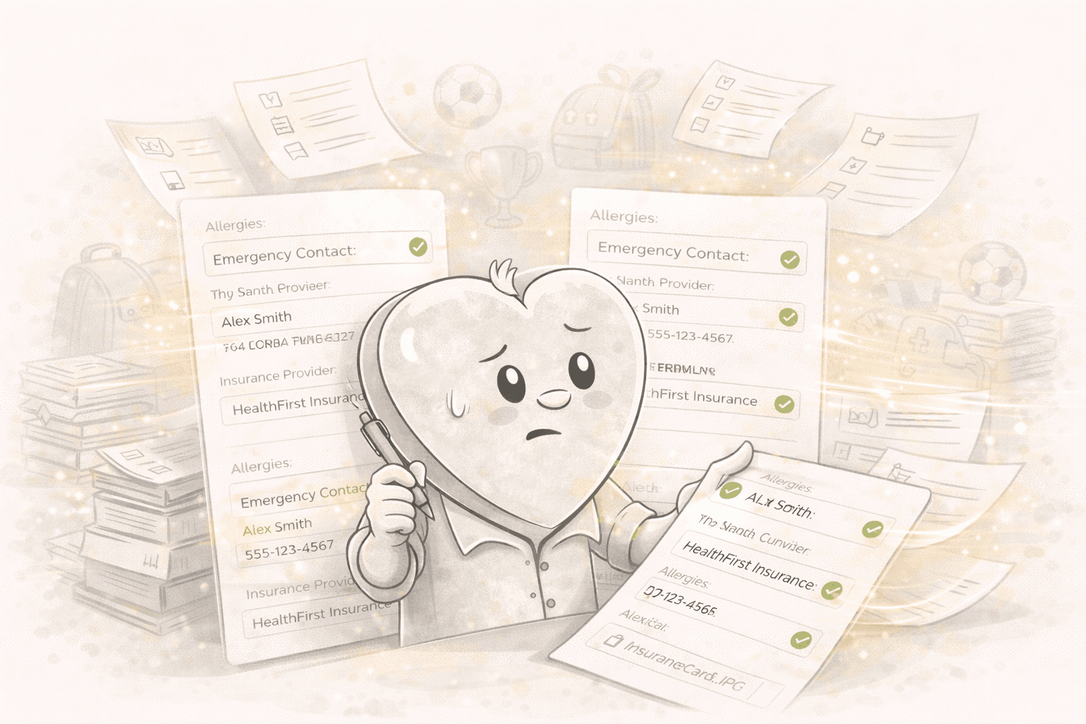 Stack of school and camp forms overwhelming a character