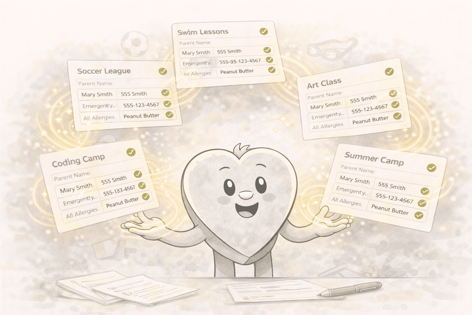 Formulove AI autofilling a camp registration form showing Summer Camp Registration with camper name, date of birth, emergency contact, allergies, and medical information