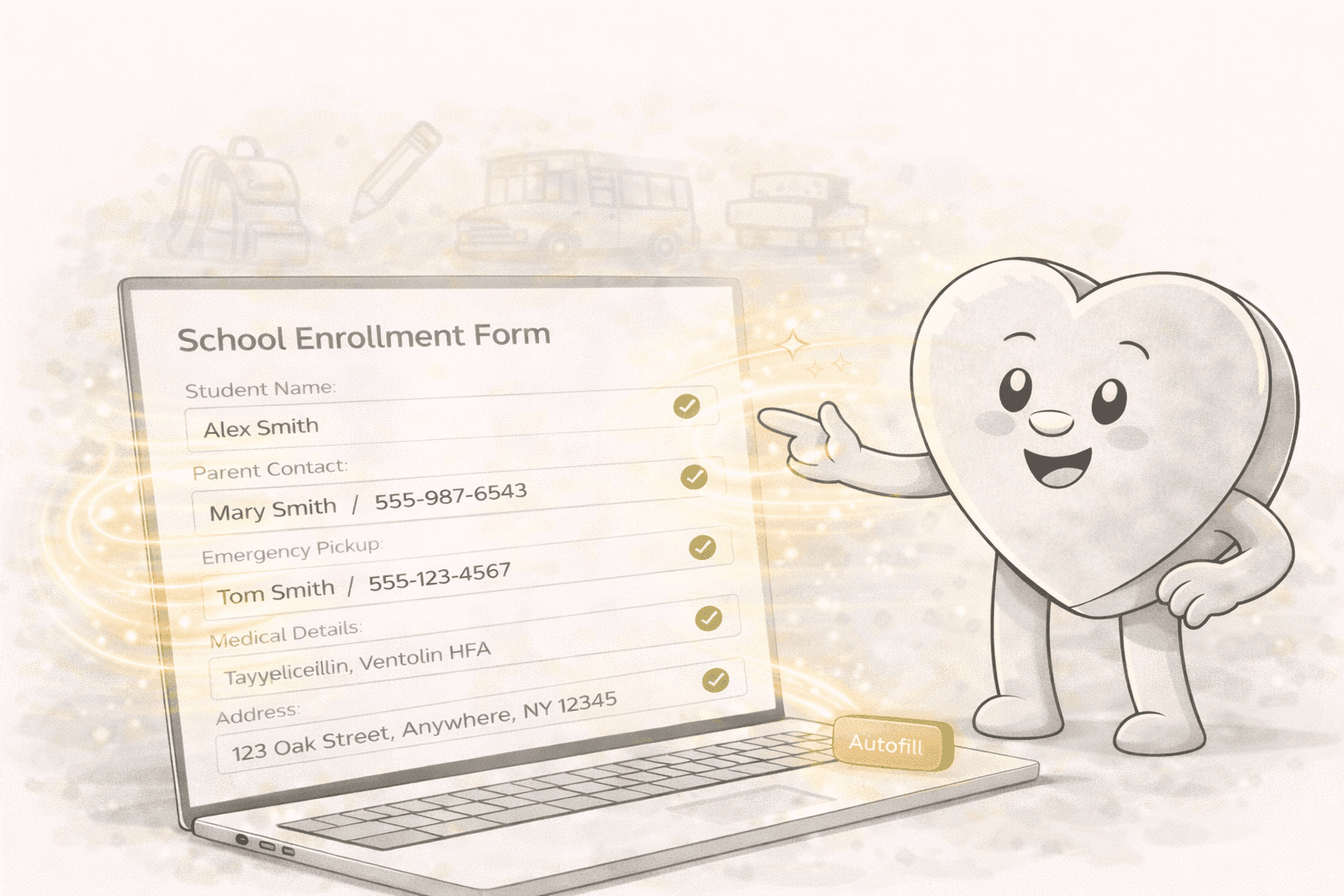 School enrollment form being autofilled with student name, parent contact, emergency pickup, medical details, and address