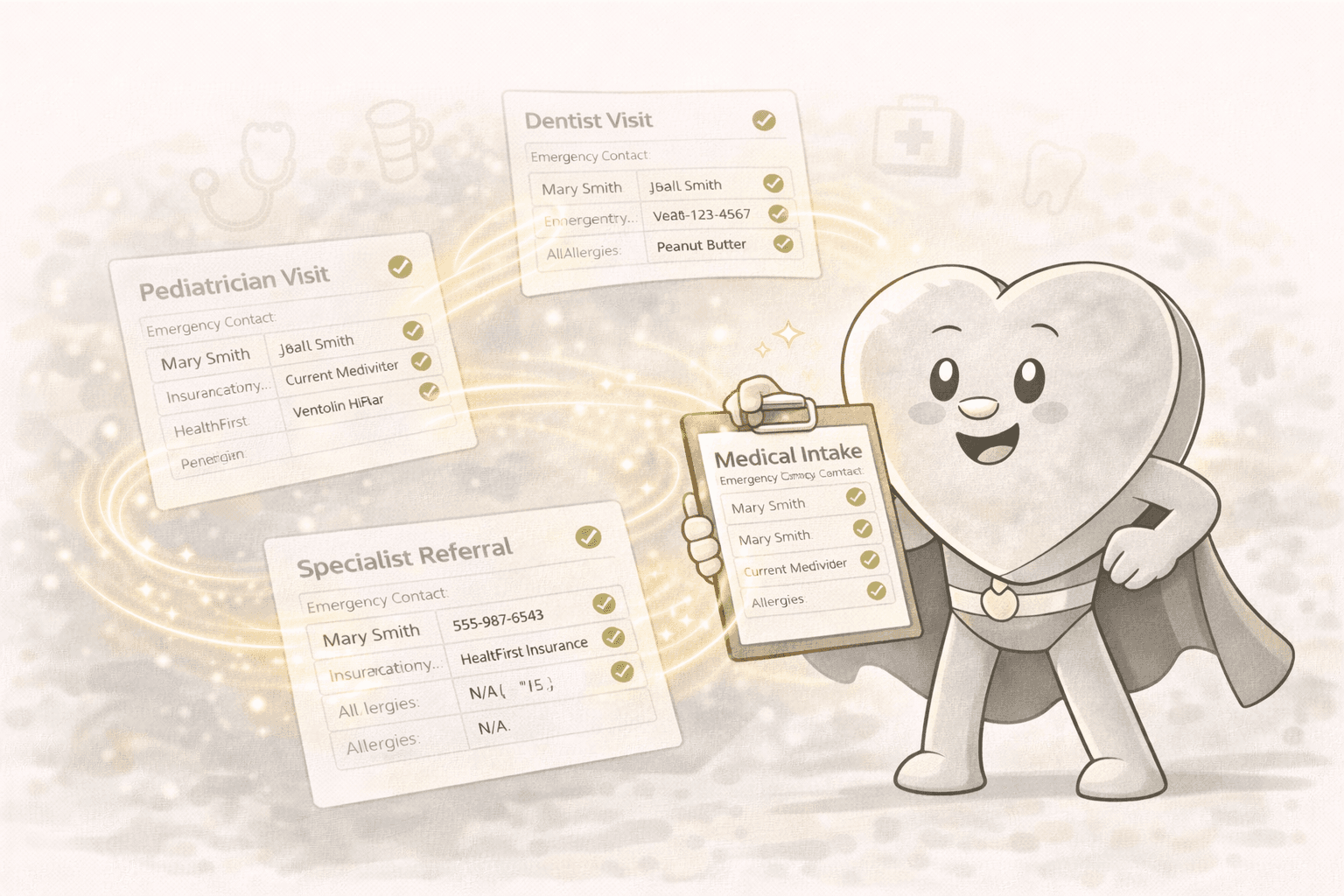 Camp and activity signups showing multiple forms for Soccer Sign-Up, Swim Class Signup, and Art Club Signup being autofilled