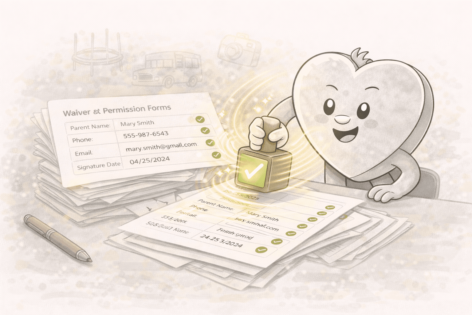 Waivers and permission forms being stamped and autofilled with parent name, phone, email, and signature date