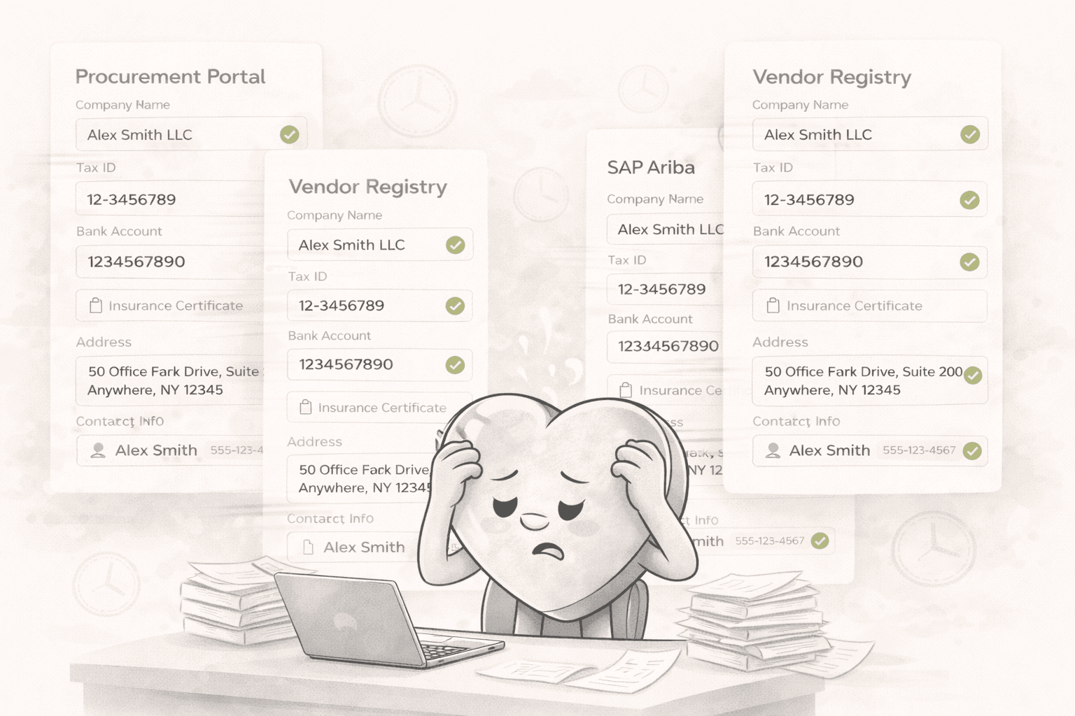 Vendor portal registration screen showing multiple overlapping forms