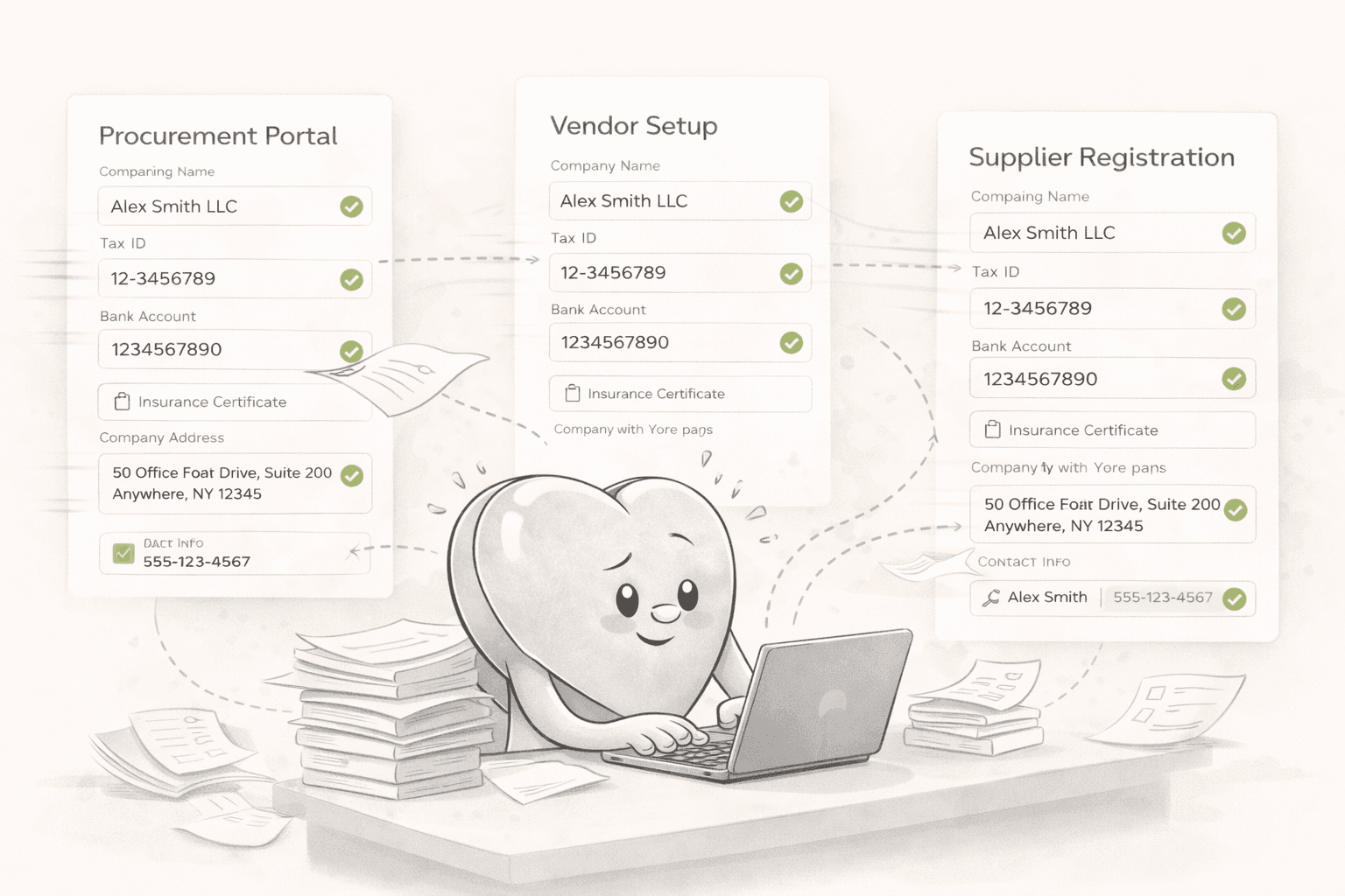 Formulove AI autofilling a vendor onboarding portal with multiple forms showing Procurement Portal, Vendor Setup, and Supplier Registration