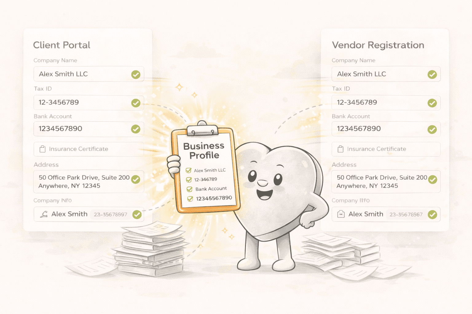 Business profile showing company details, tax ID, bank account, and other vendor onboarding fields