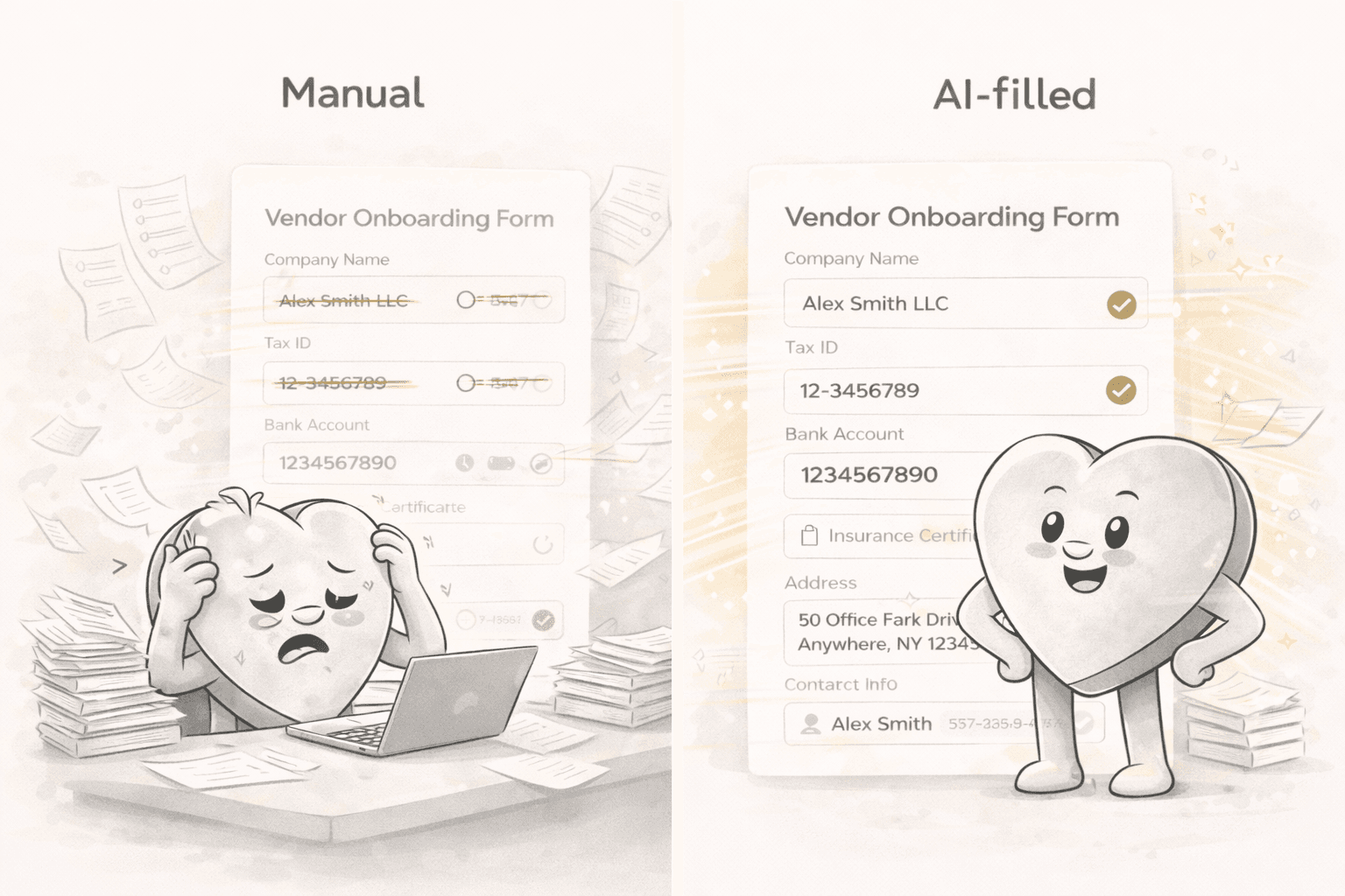 Before and after comparison showing manual form filling with errors and stress versus AI-filled vendor form with perfect accuracy